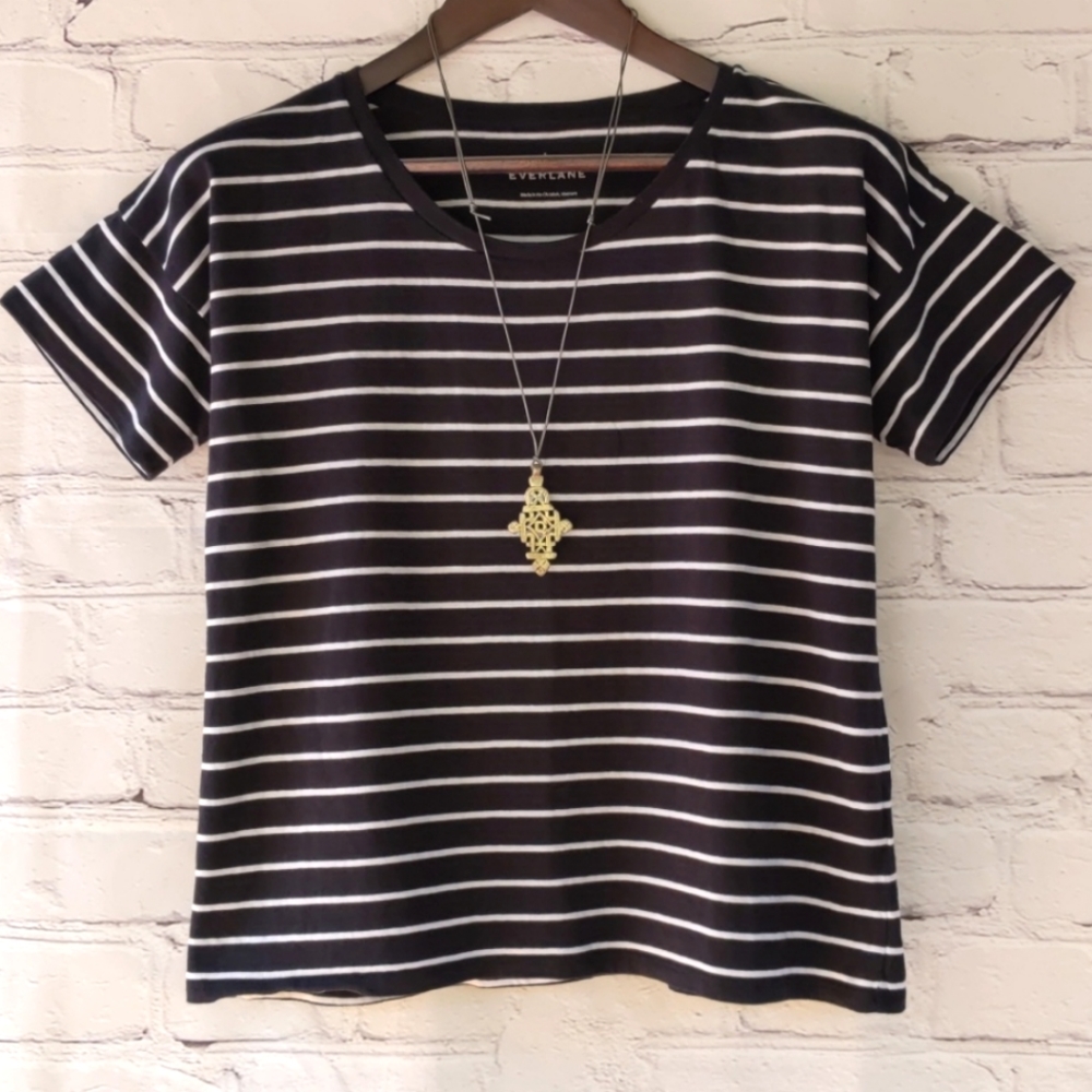 Everlane Cotton Black and White Striped Square Tee
